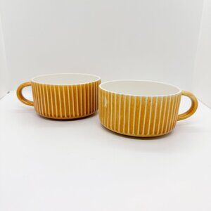 Vtg 70s Ceramic Soup Mug Set Secla Portugal Ribbed Bowl Handle Yellow MCM RARE